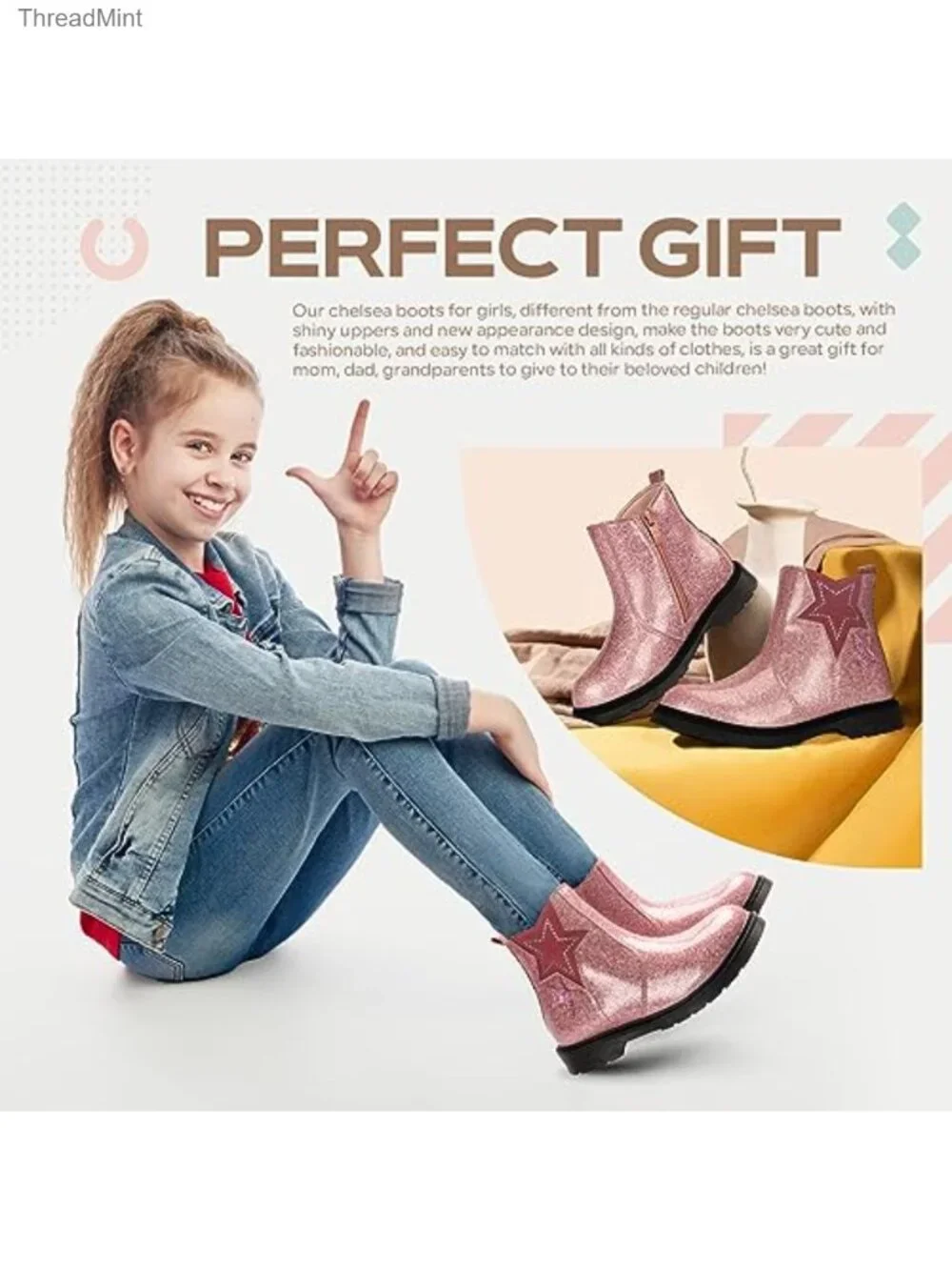Girls Chelsea Boots Glitter PU Water Resistant Side Zip Ankle Booties